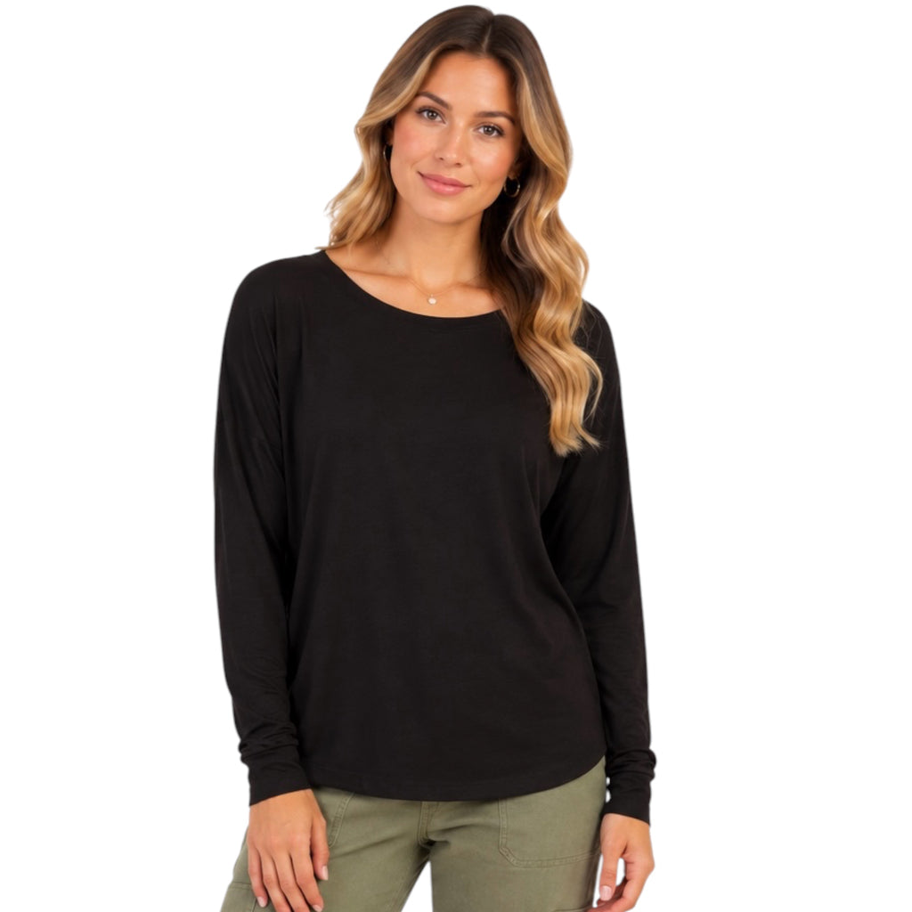 Black Round Neck Long Sleeve Curved Hem Top