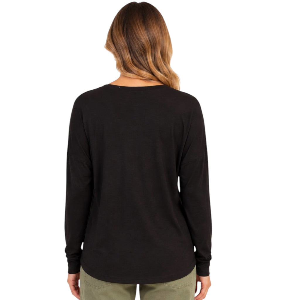 Black Round Neck Long Sleeve Curved Hem Top