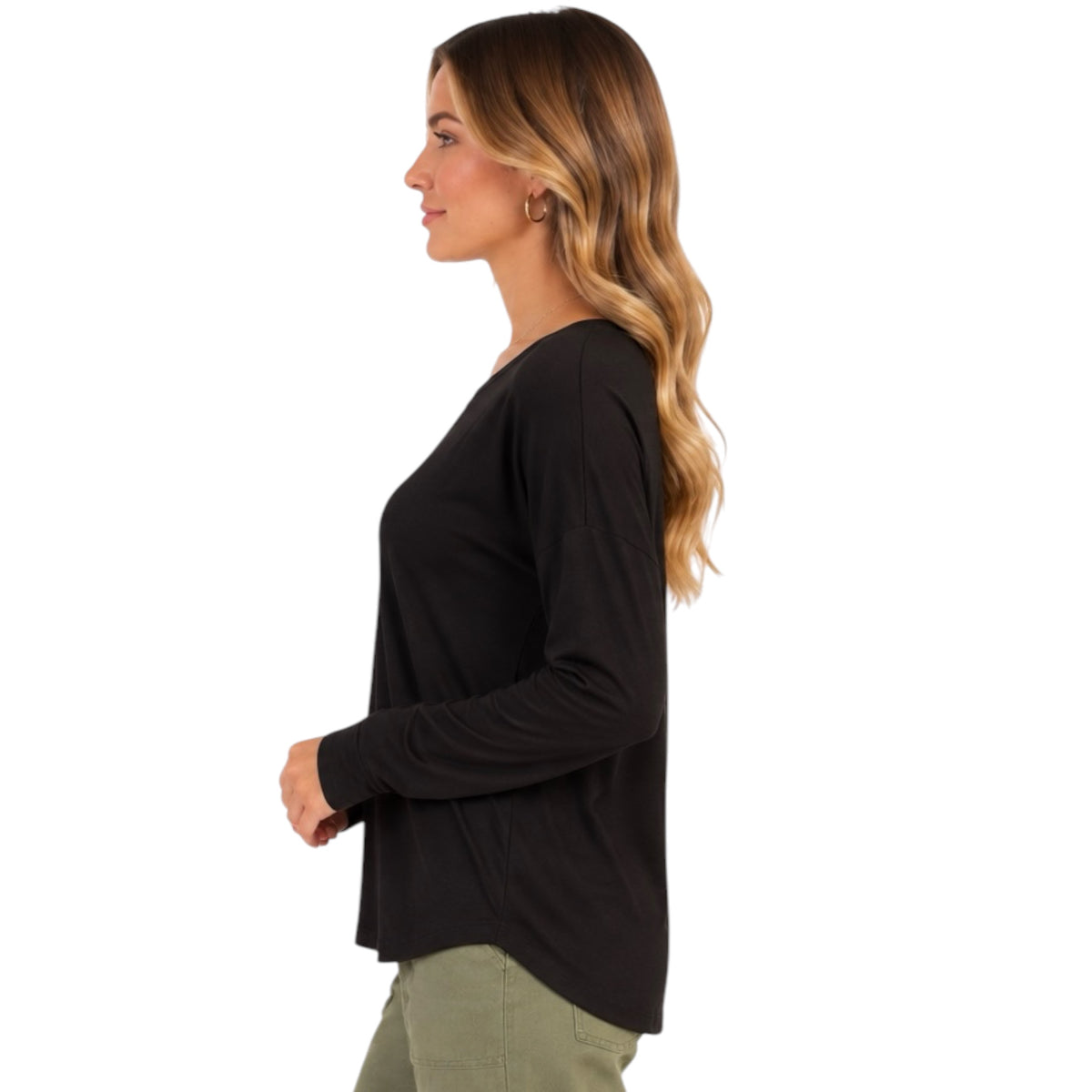 Black Round Neck Long Sleeve Curved Hem Top