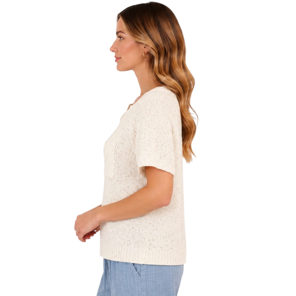 Oatmeal Light Knit Melange Short Sleeve Top