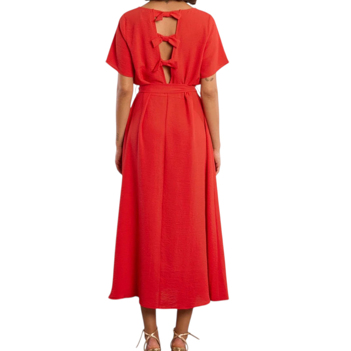 Red Tie Belt Midi Dress S