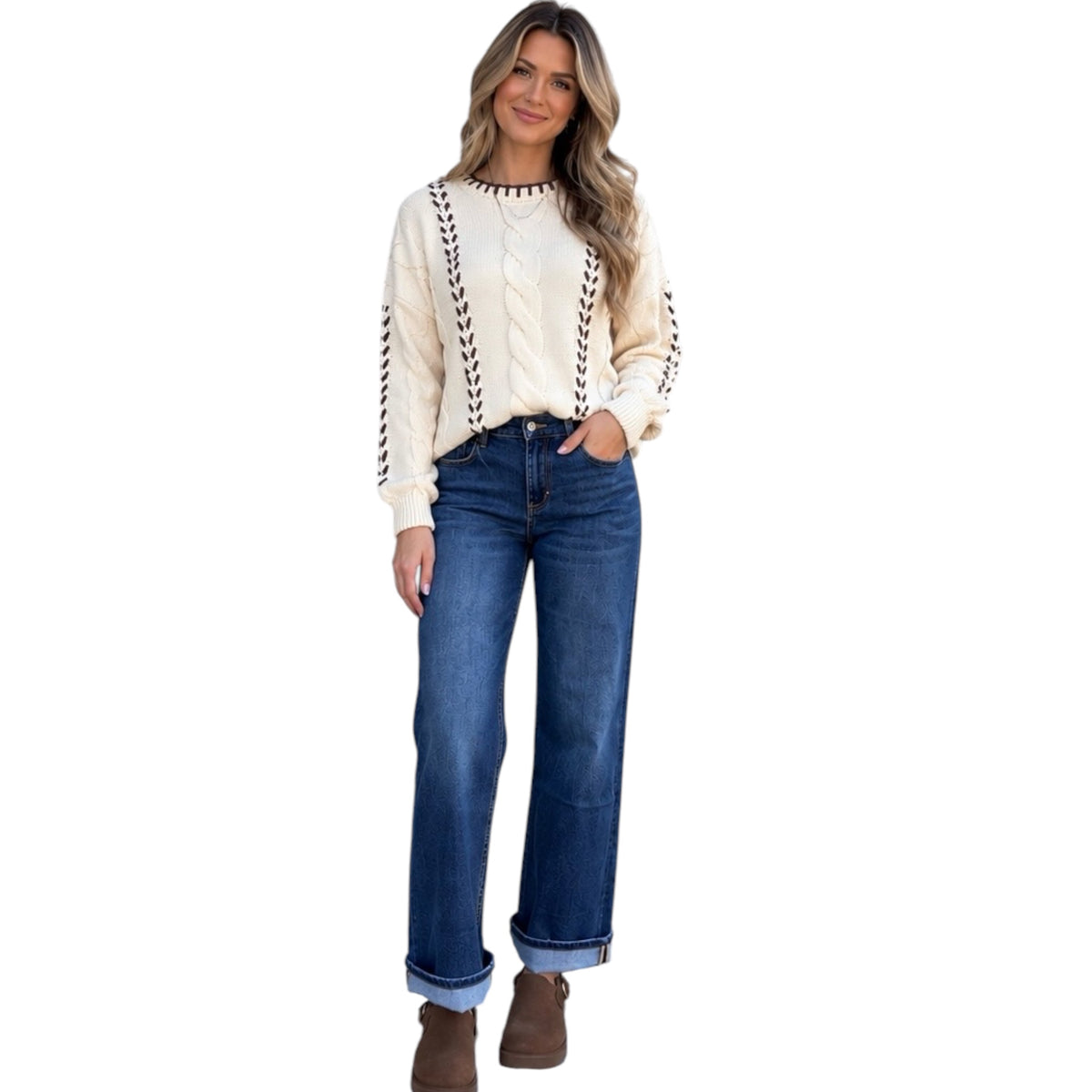 Natural Contrast Cable Knit Sweater