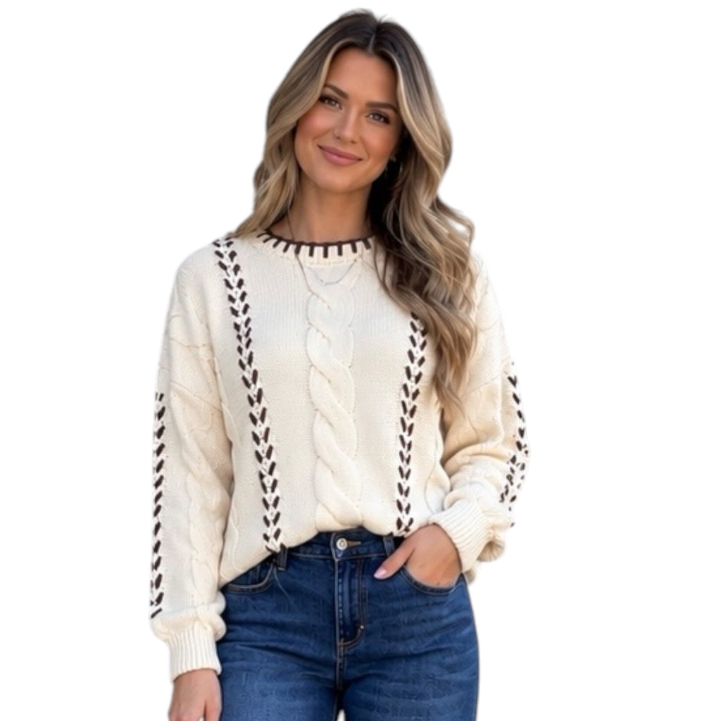 Natural Contrast Cable Knit Sweater