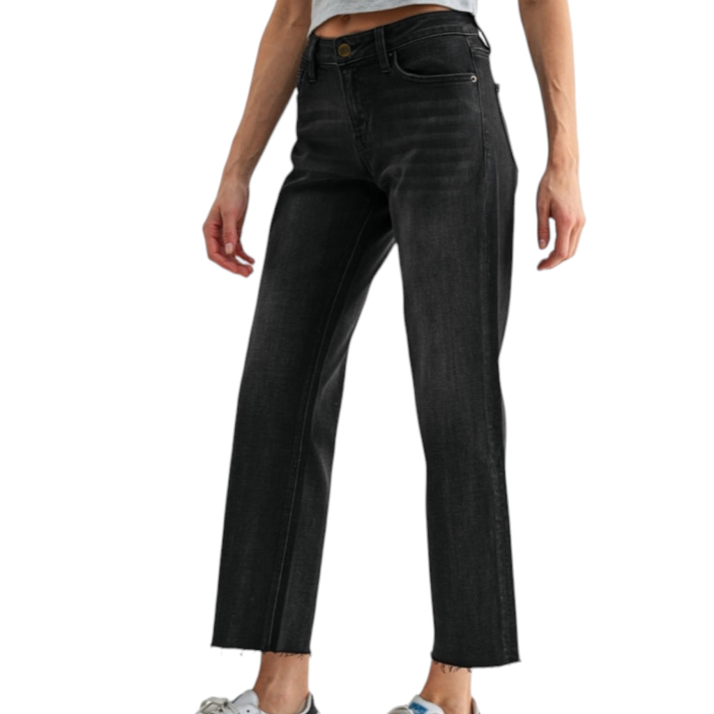 MICA MDP-T3803A Black Mid Rise Ankle Straight With Raw Hem Wide Crop Leg