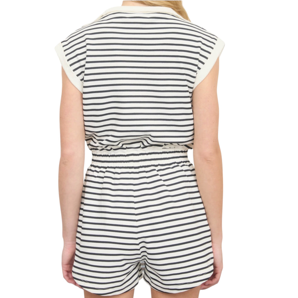 Black Stripe Zip-Front Drawstring Romper