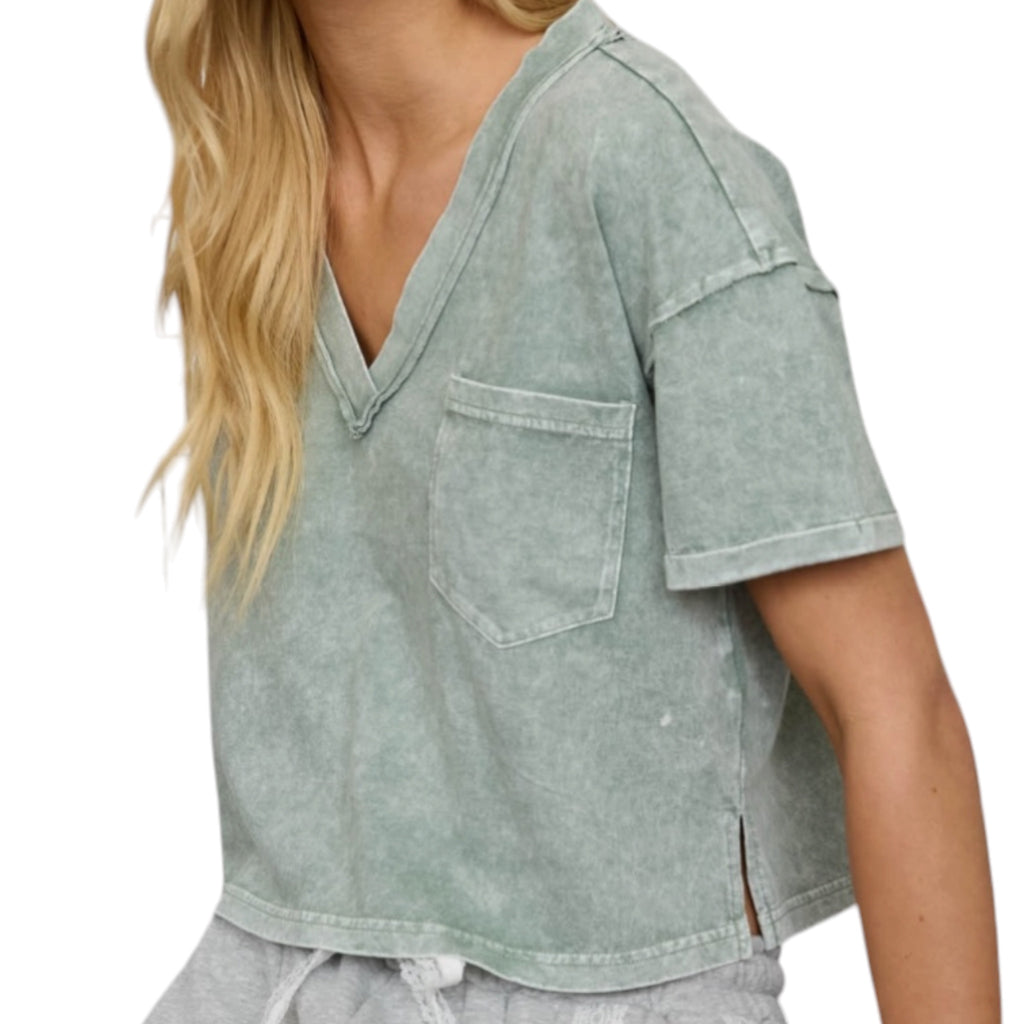 Olive V-Neck Boxy Knit Top