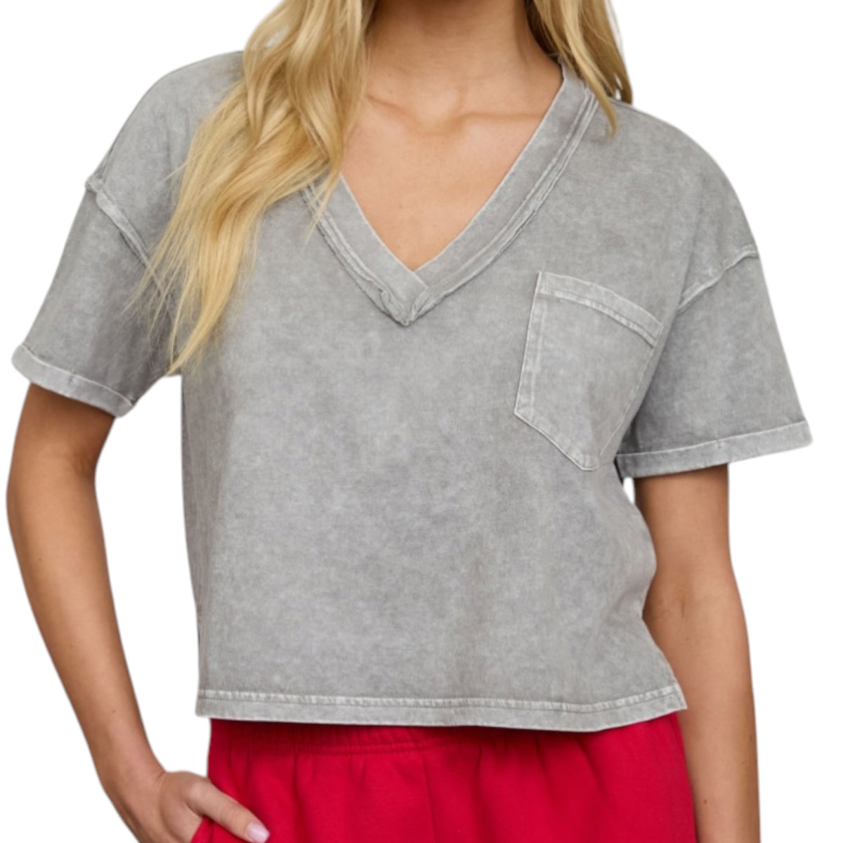 Grey V-Neck Boxy Knit Top