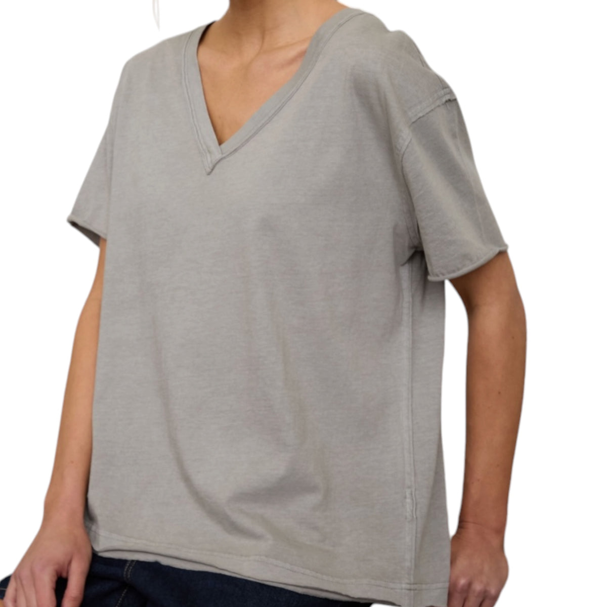 Grey Relaxed Short Sleeve V-Neck Knit Top