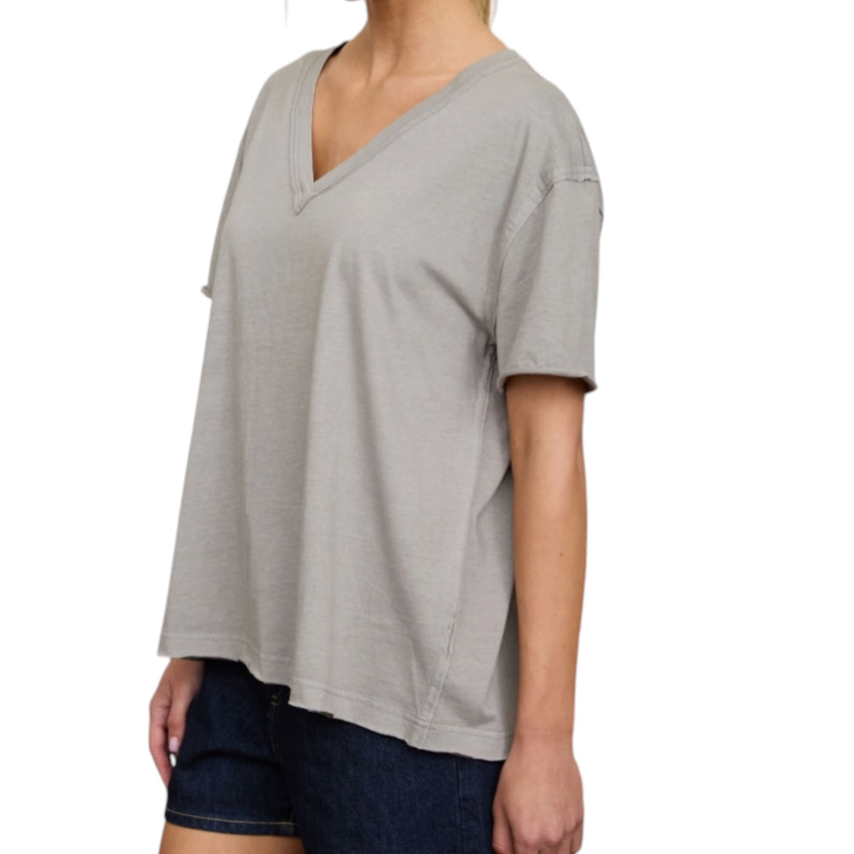 Grey Relaxed Short Sleeve V-Neck Knit Top