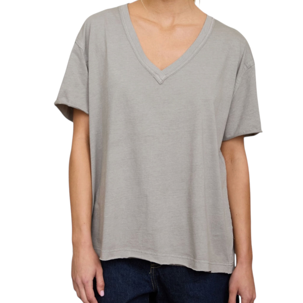 Grey Relaxed Short Sleeve V-Neck Knit Top