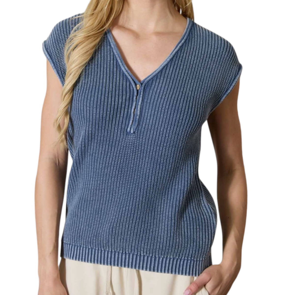 Indigo V-Neck Rib Sweater Top