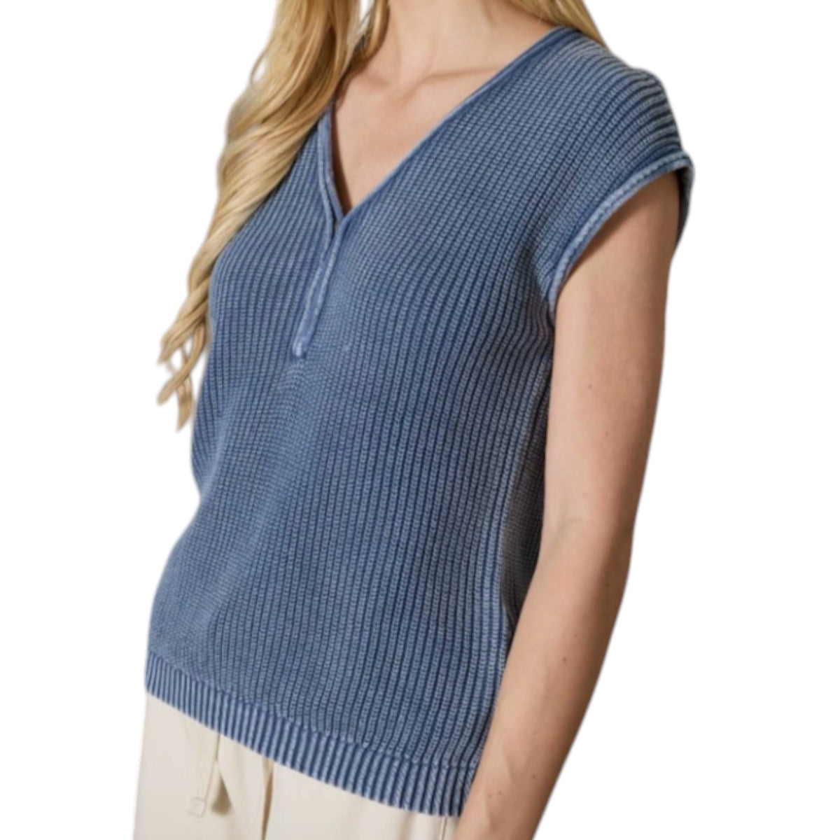 Indigo V-Neck Rib Sweater Top