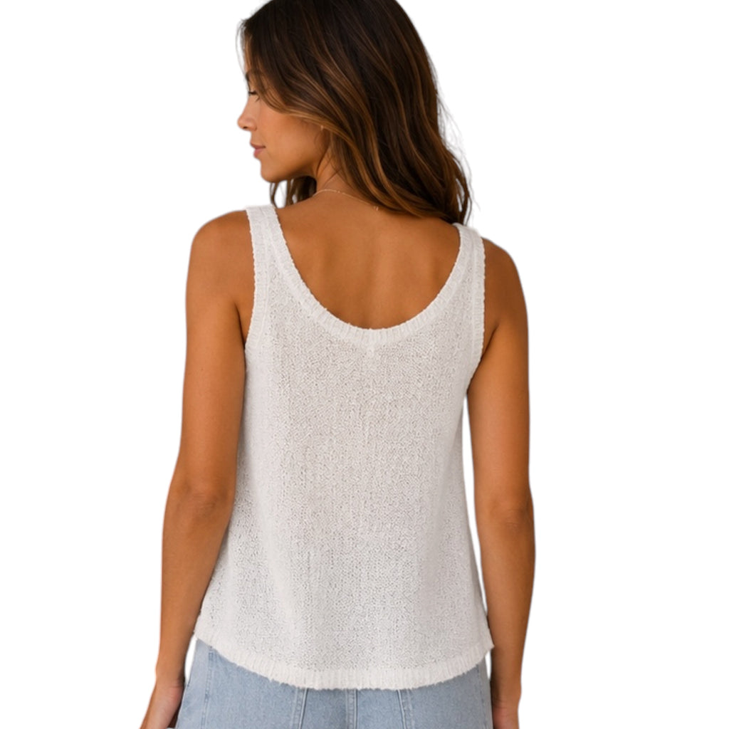 Off White Textured Henley Rib Tank