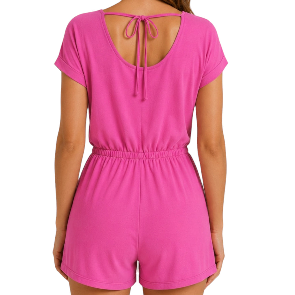 Fuchia Round Neck Romper w/ Pockets