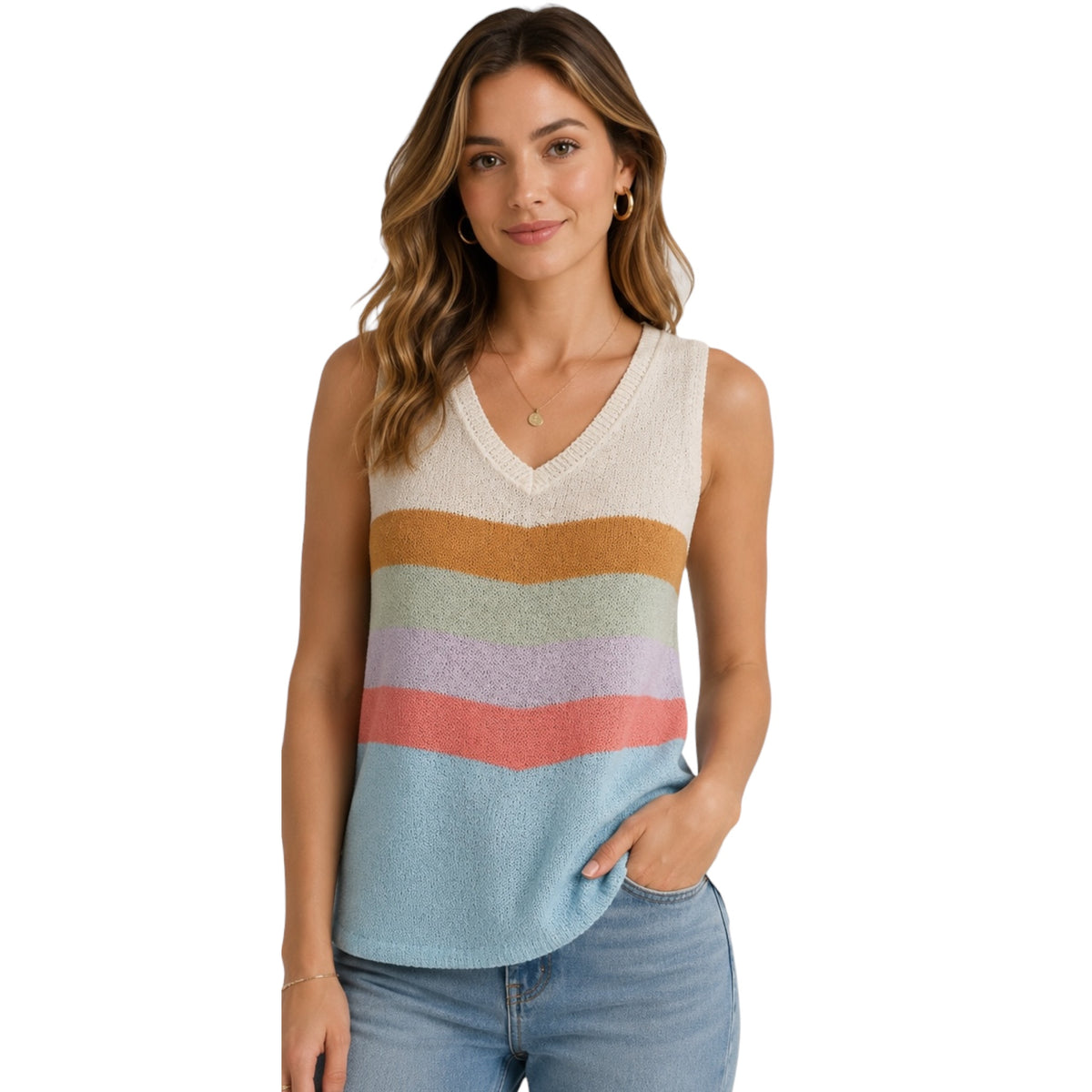 Sky Blue Multi Color Block Lightweight Sweater Tank