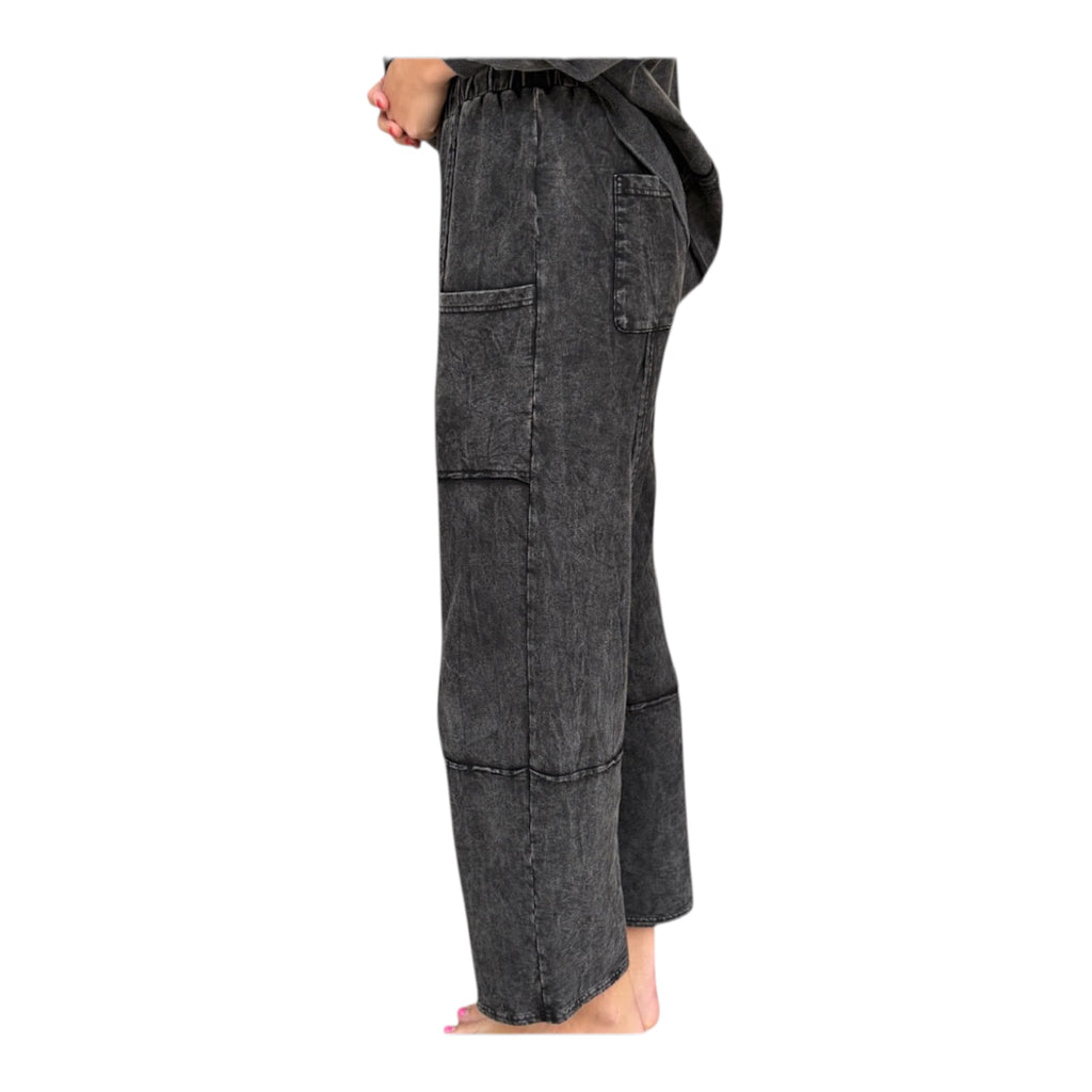 Black Mineral Washed Casual Wide Leg Pants