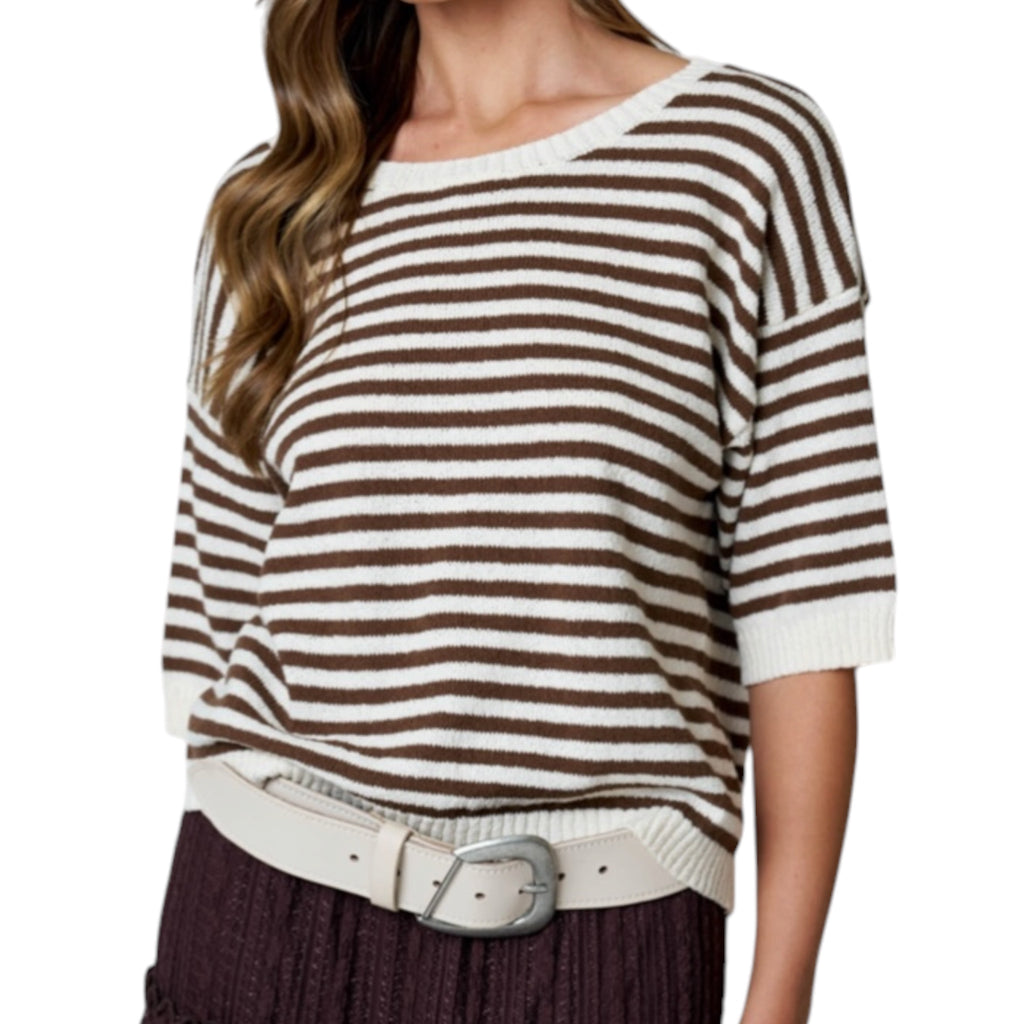 Brown/Cream Striped Short Sleeve Knit Sweater