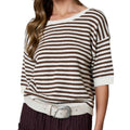 Brown/Cream Striped Short Sleeve Knit Sweater