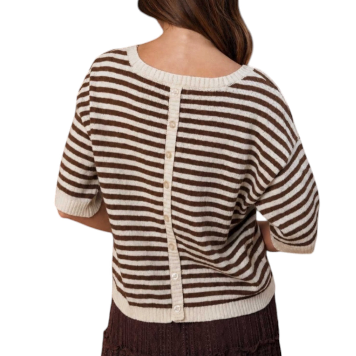 Brown/Cream Striped Short Sleeve Knit Sweater