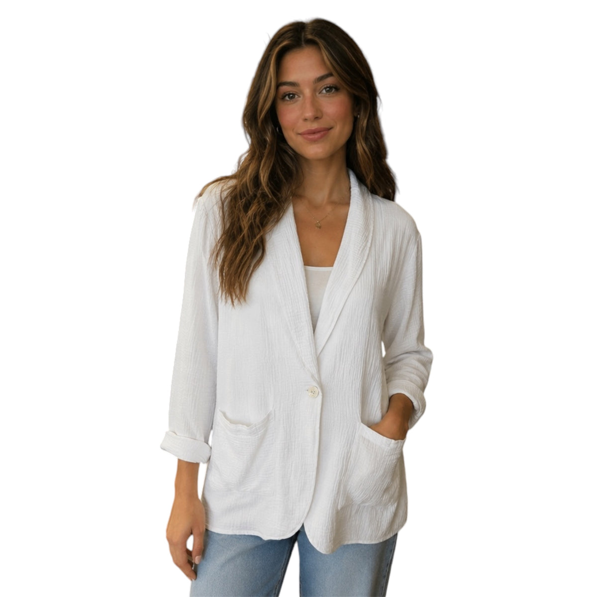 White Single Button Gauze Blazer