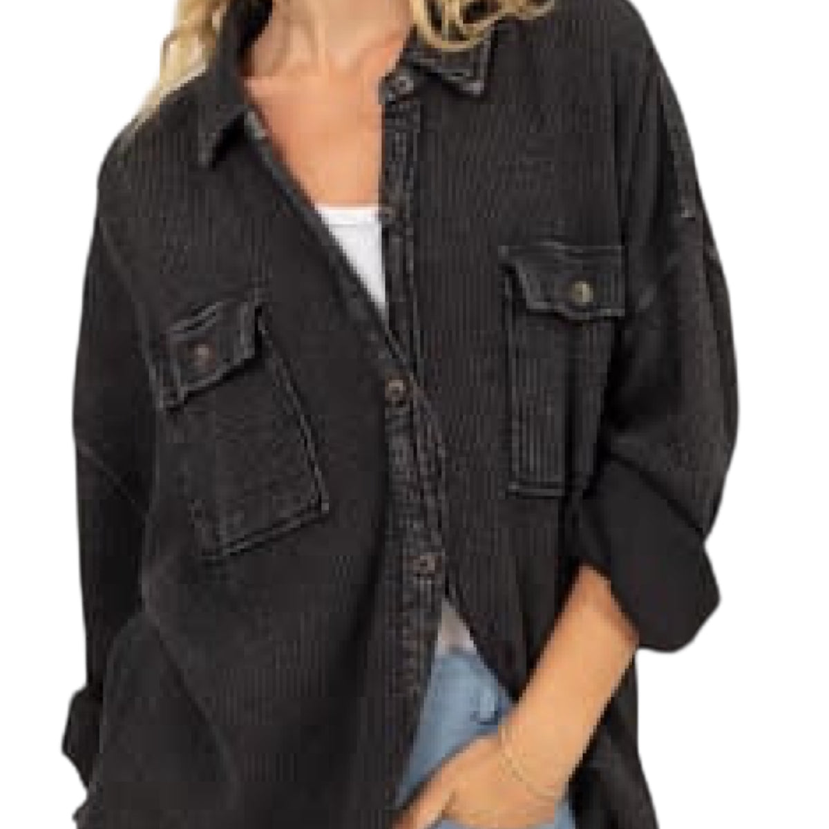 Black Waffle Oversized Button Up Shacket
