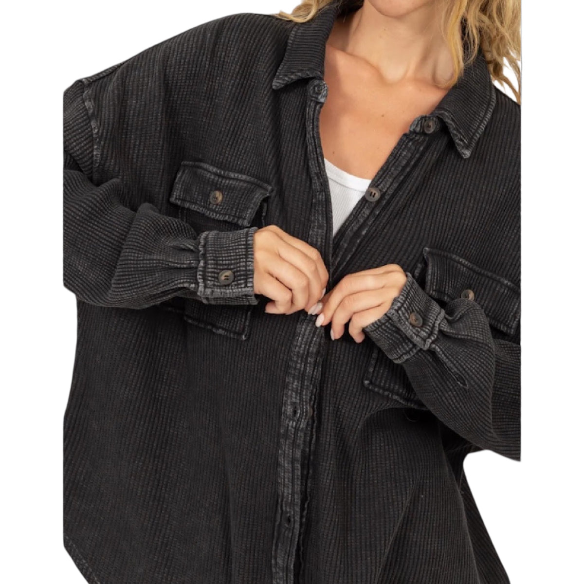 Black Waffle Oversized Button Up Shacket