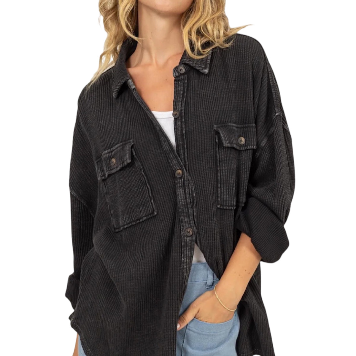 Black Waffle Oversized Button Up Shacket