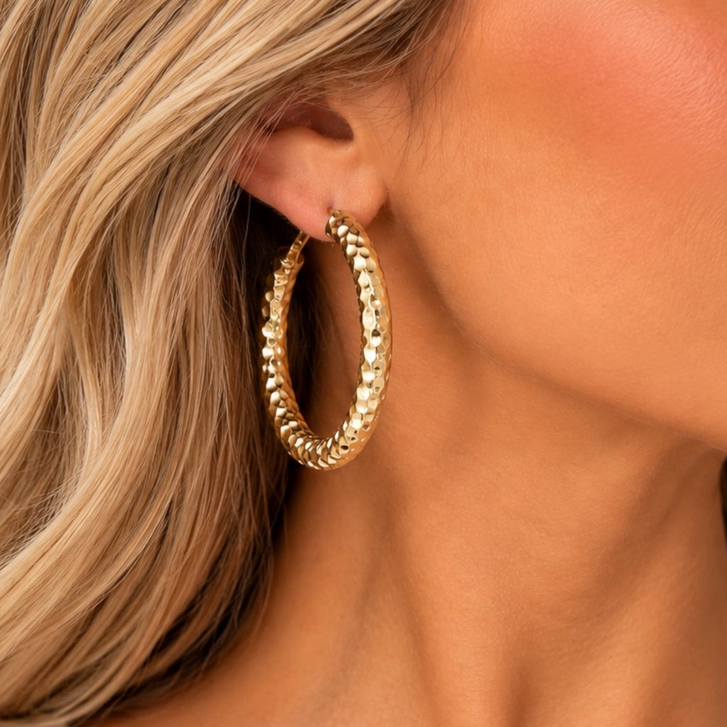 Yellow Ribbon Gold Dipped Hammered Finish Hoops