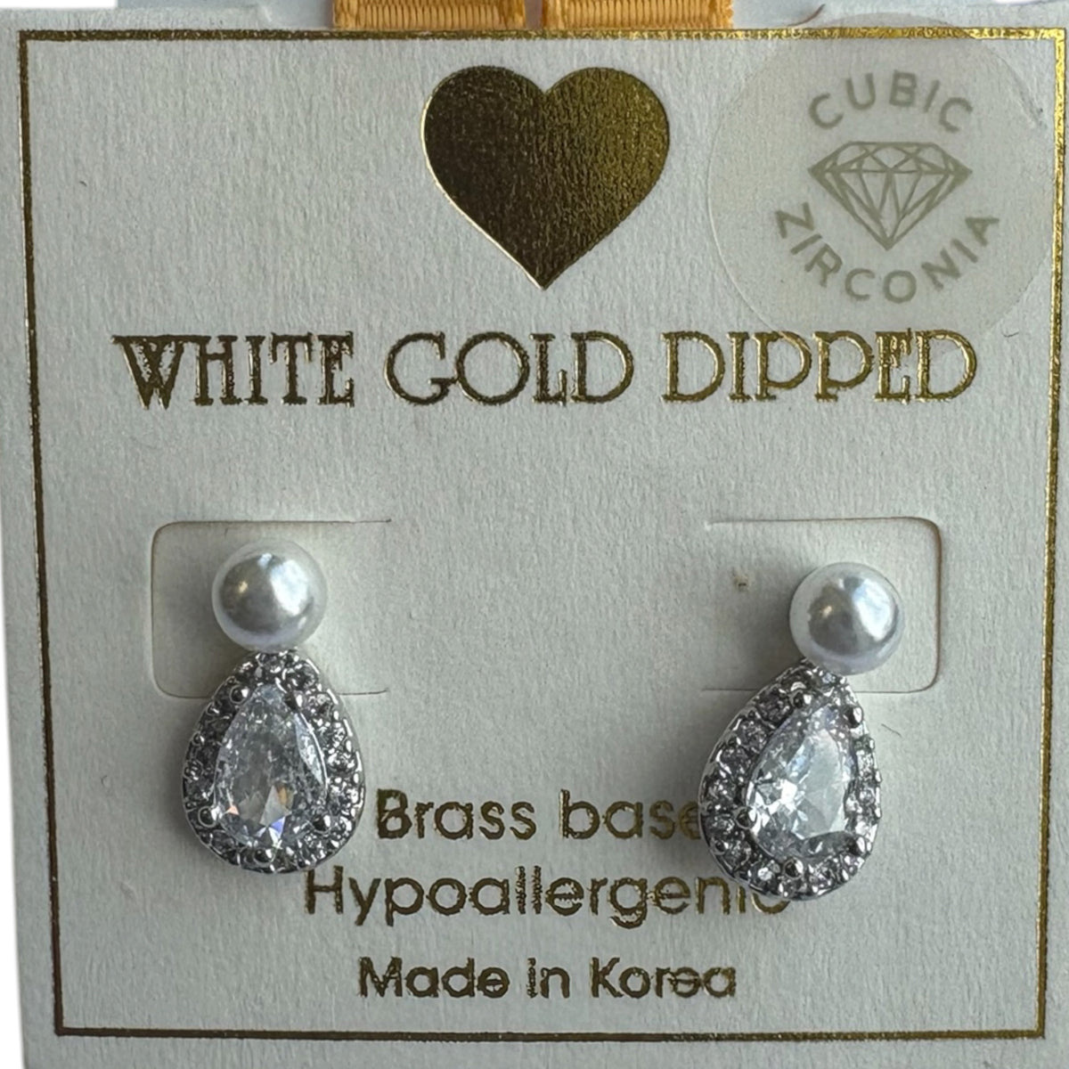 Yellow Ribbon Pearl and Teardrop Dangle Stud Earrings