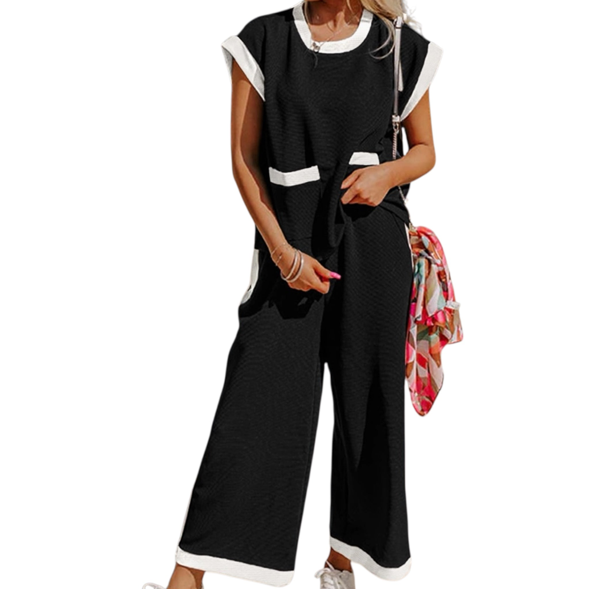 Black + Cream Color Block Pocketed Two Piece Set