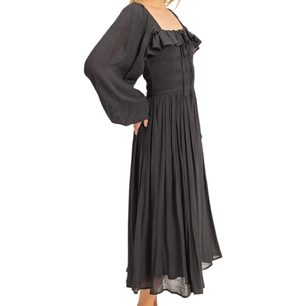 Black Smocked Bodice Dress with Frill Detail
