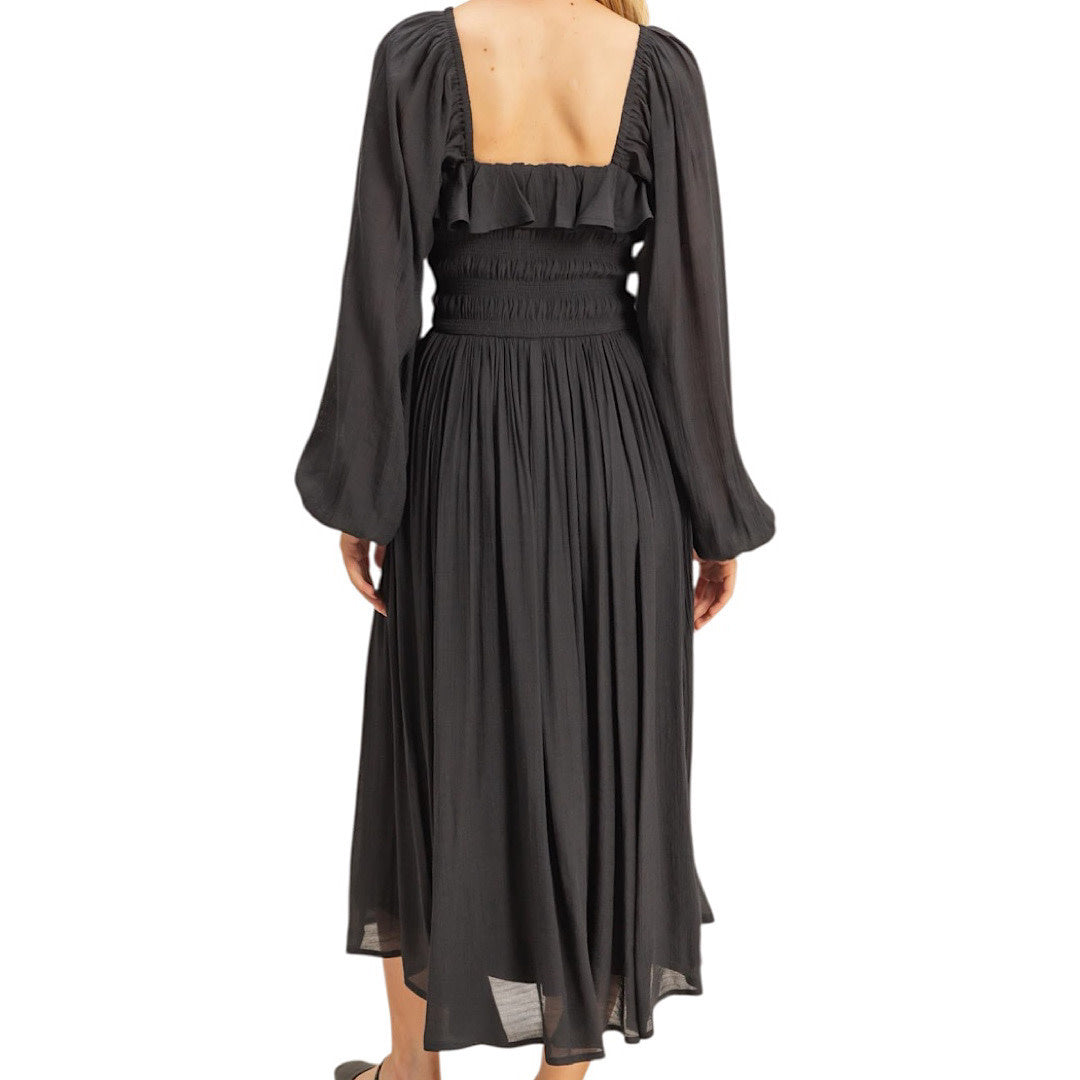 Black Smocked Bodice Dress with Frill Detail