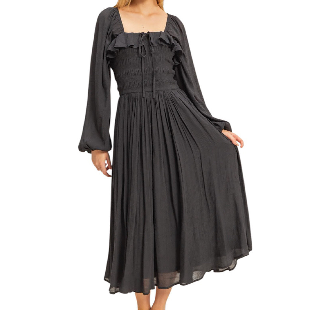 Black Smocked Bodice Dress with Frill Detail