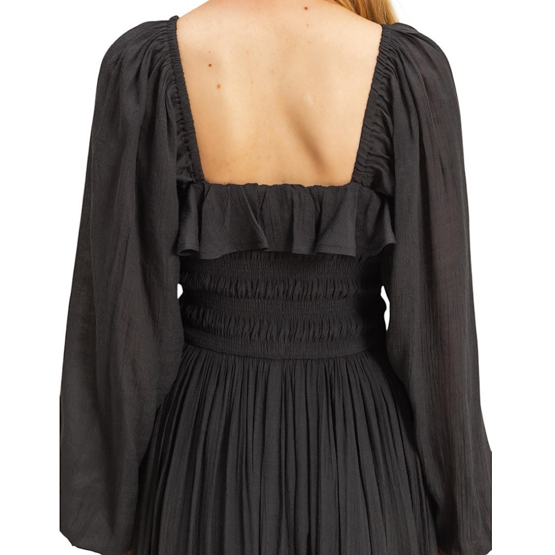 Black Smocked Bodice Dress with Frill Detail