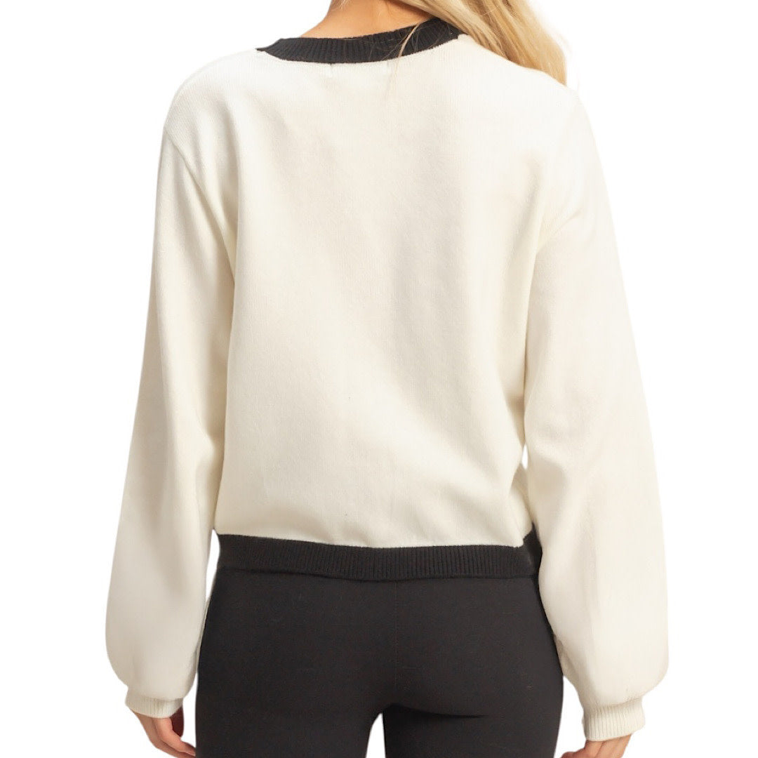 Cream Contrast Trimmed Sweater Cardigan