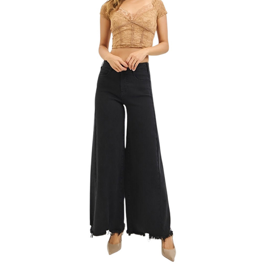 Risen PW21277 TC High Rise Palazzo Leg with Frayed Hem Jeans