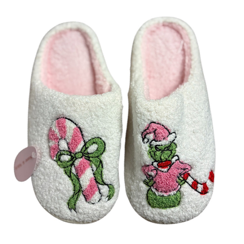 Ivory/Pink Grinch Candy Cane Slippers