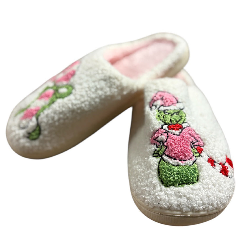 Ivory/Pink Grinch Candy Cane Slippers