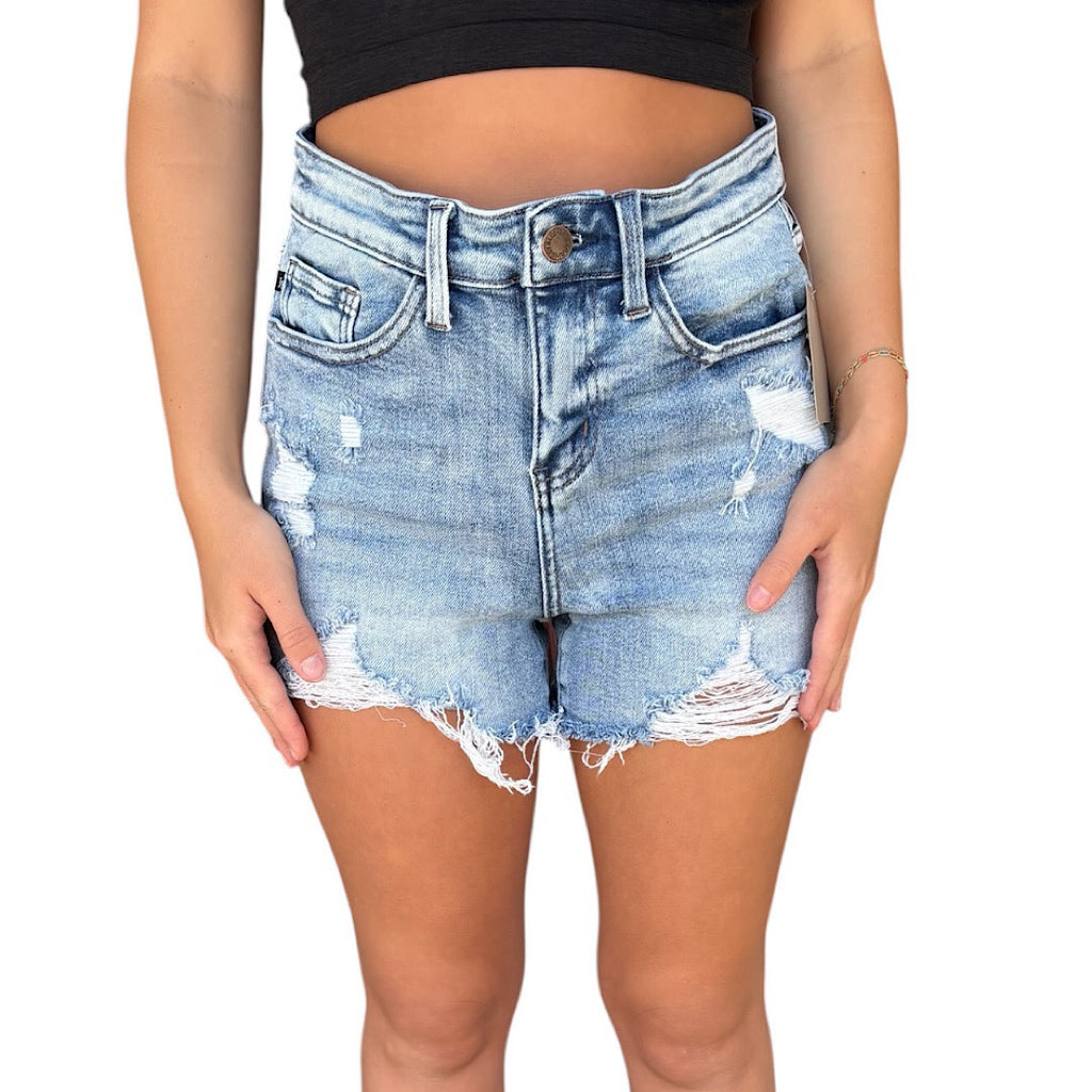 Judy Blue JB150074MD Medium Wash Distressed Denim Shorts Size Small-RF