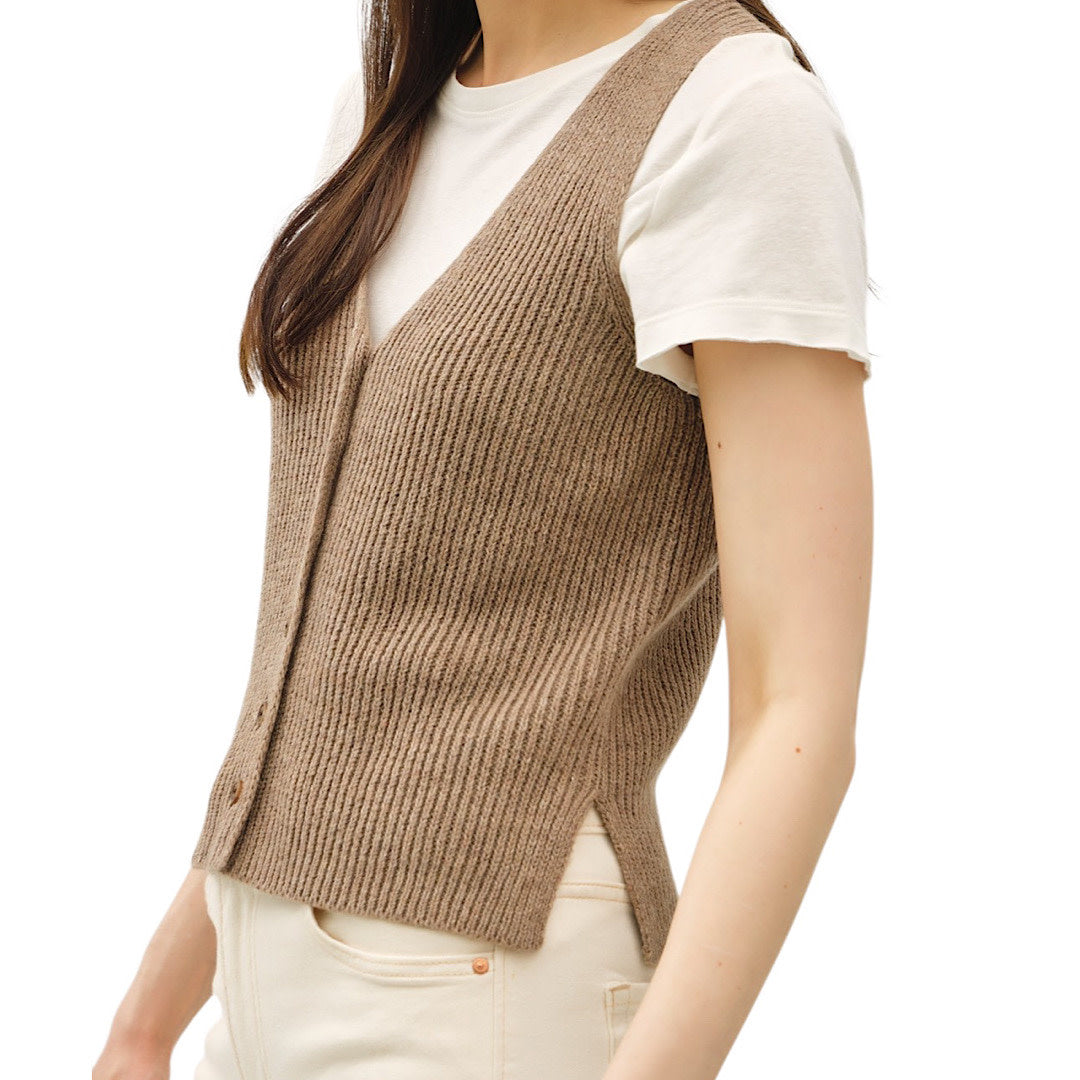 Mocha Chunky Ribbed V-Neck Button Up Sweater Vest
