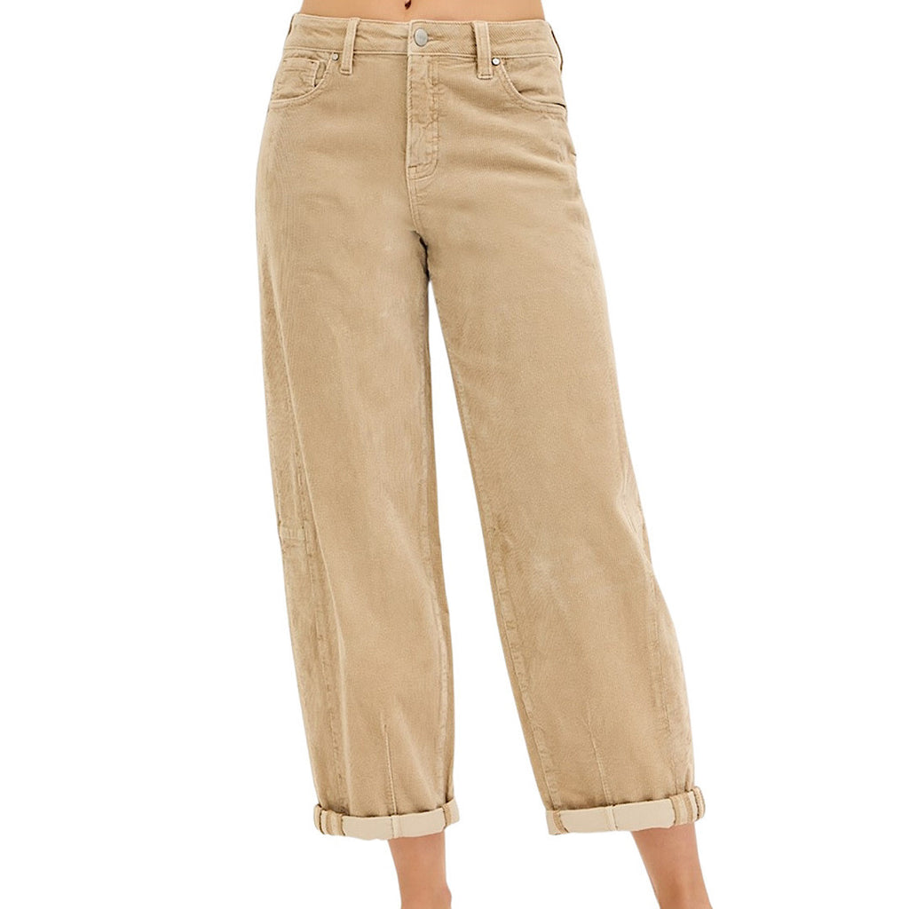 RISEN PGA21167 Beige High Rise Crop Barrel Corduroy Pant