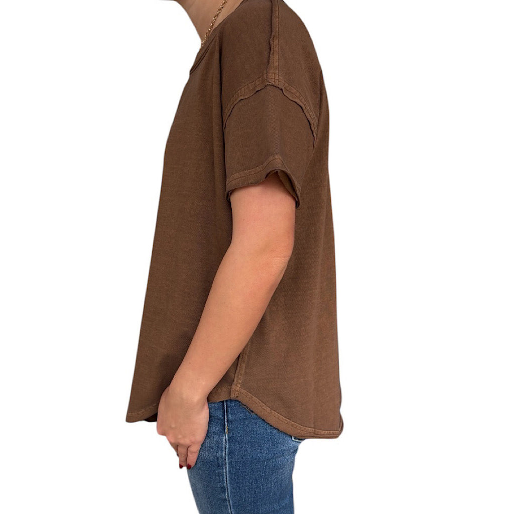 Brown Exposed Seam Raw Edge Short Sleeve Knit Top-224