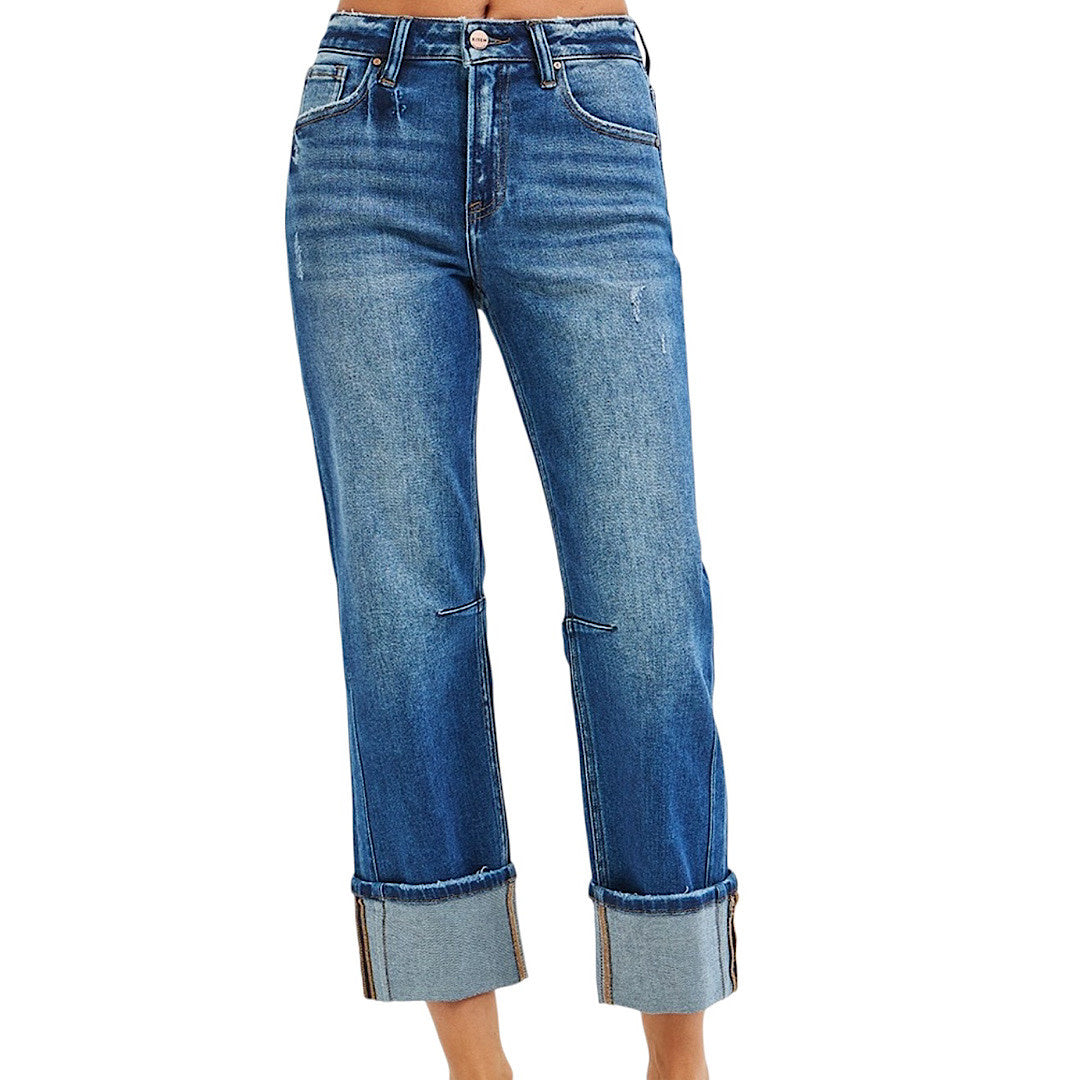 RISEN PSC21527 High Rise Straight Destressed Hem Jean