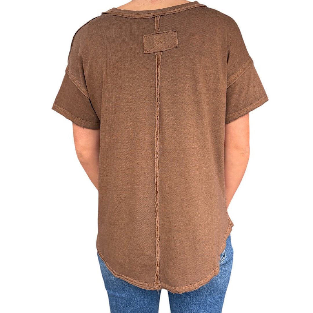 Brown Exposed Seam Raw Edge Short Sleeve Knit Top-224