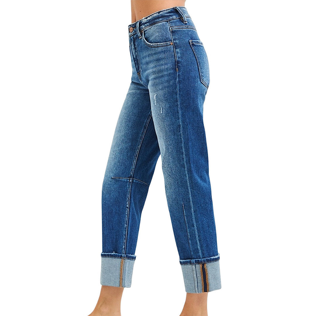 RISEN PSC21527 High Rise Straight Destressed Hem Jean