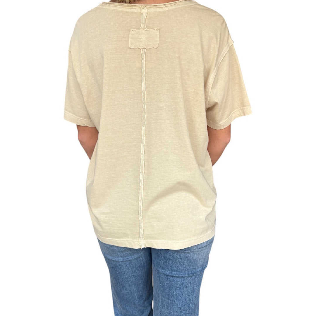 Khaki Washed Raw Edge V-Neck Short Sleeve Top