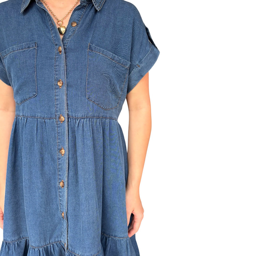 Dark Chambray Collared Button Down Shirt Dress