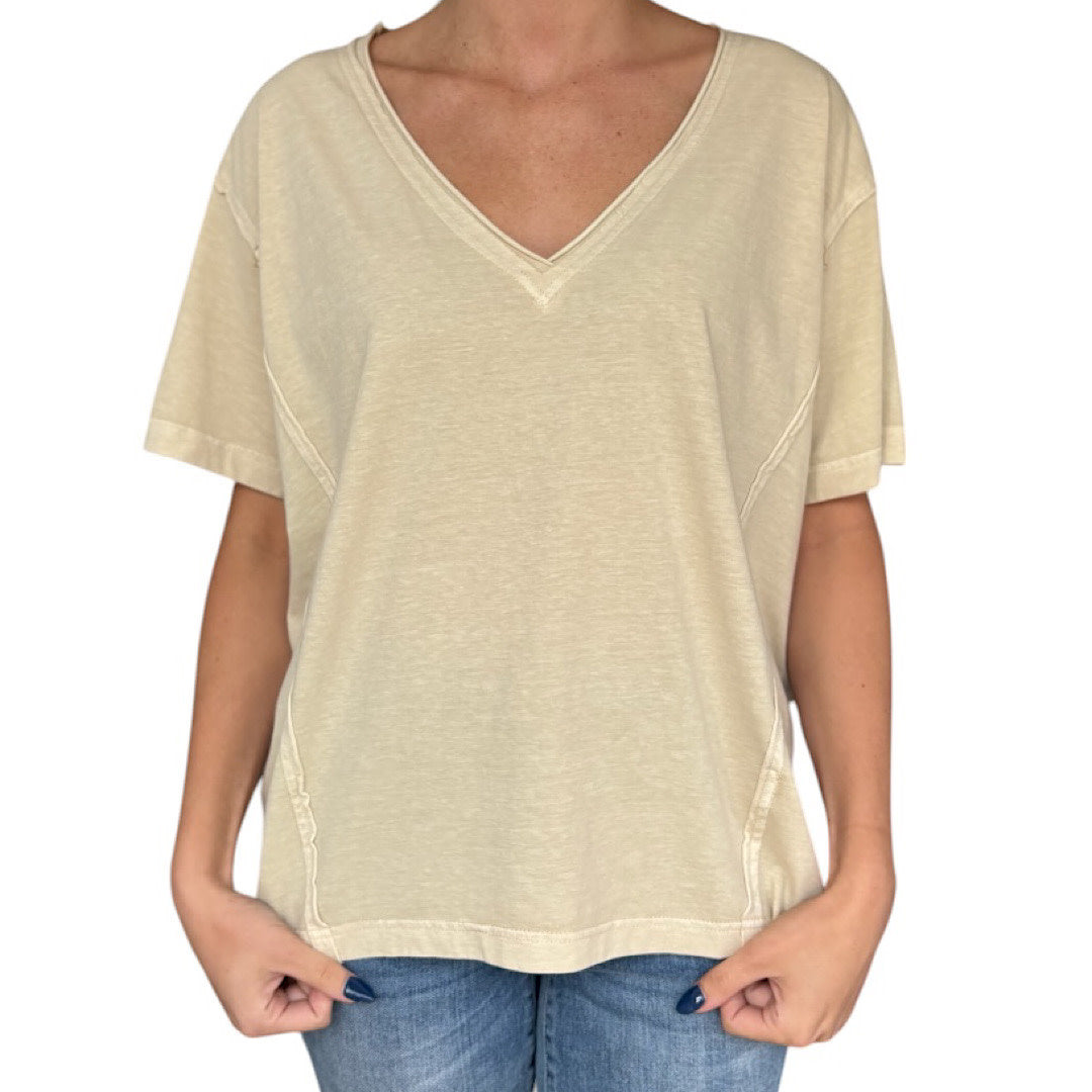 Khaki Washed Raw Edge V-Neck Short Sleeve Top