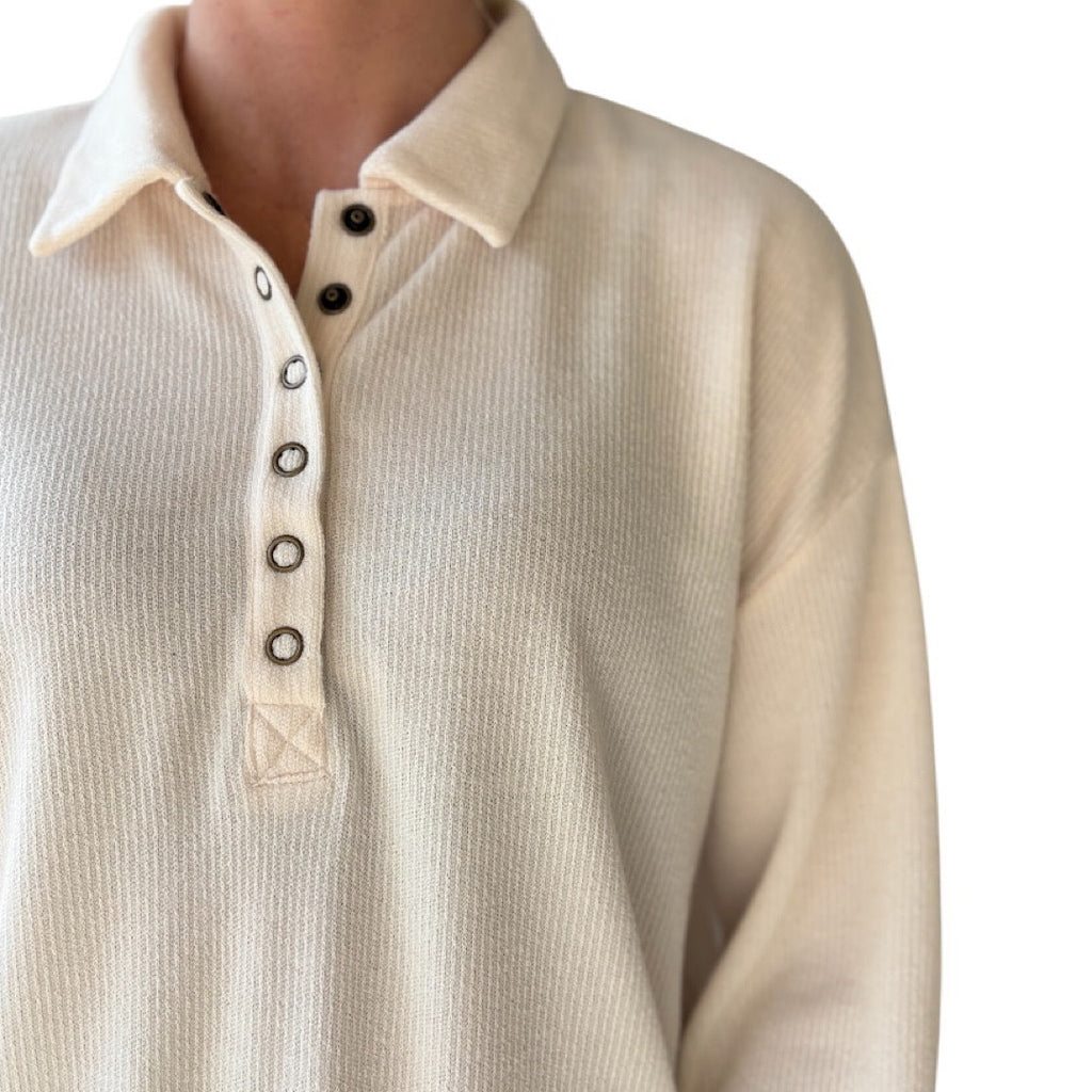 Cream Collared Half Snap Button Long Sleeve Knit Top