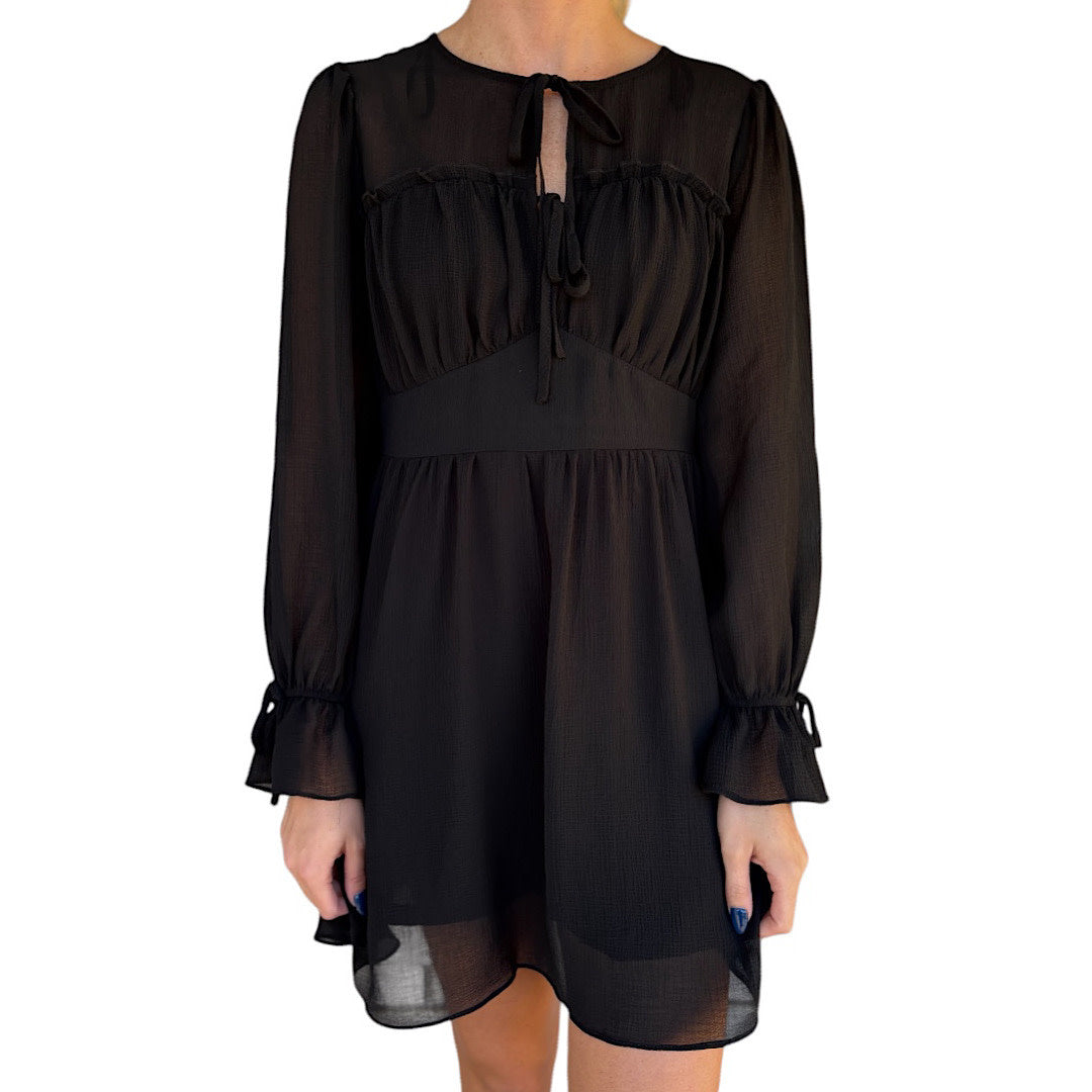 Black Ruffle & Bow Detail Mini Woven Dress